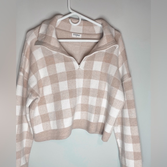 cream and white storia plaid zip up sweater - Picture 1 of 3
